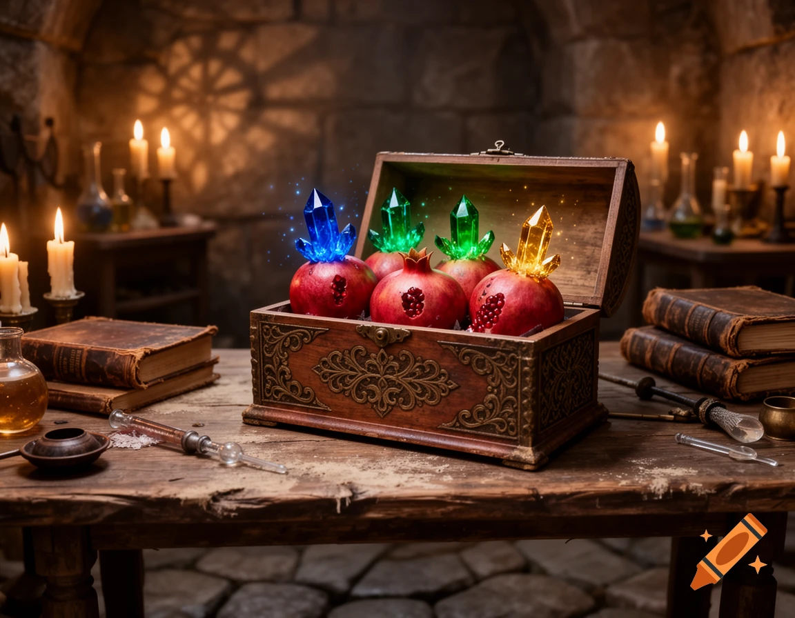 A wooden chest holding pomegranates with glowing crystals, surrounded by books and candles in a dark medieval alchemy room.
