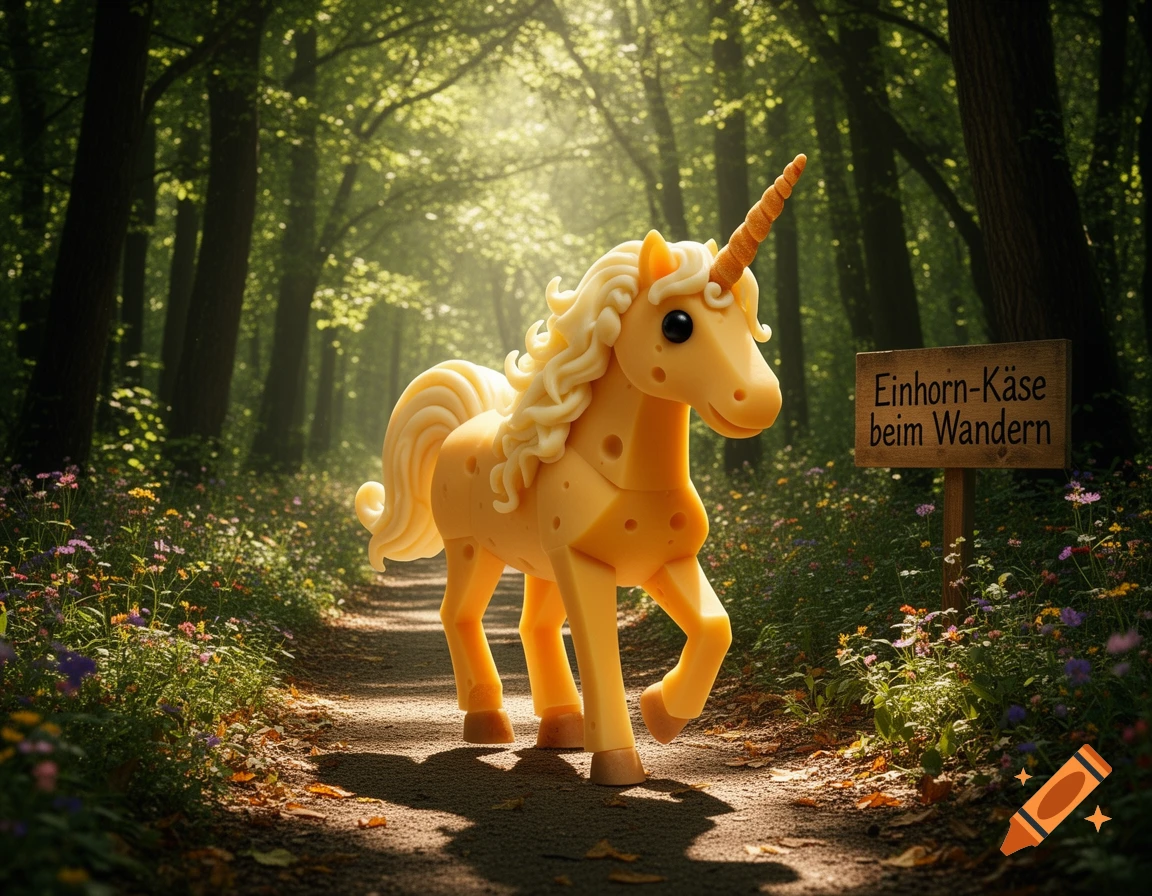 A whimsical cheese unicorn with a sculpted mane and tail walks on a sun-dappled forest path next to a wooden sign.