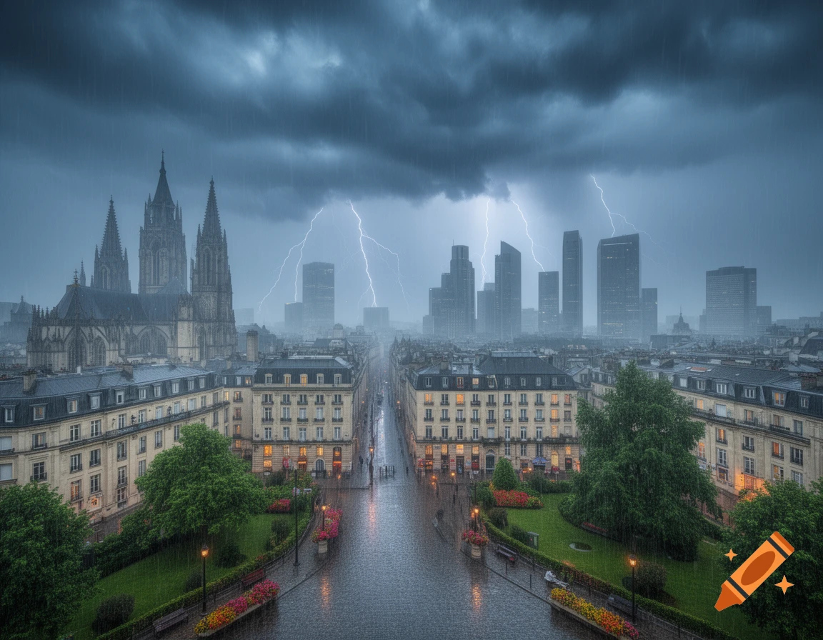 Photorealistic cityscape with a grand cathedral and buildings under a dark, rainy sky with lightning striking distant skyscrapers.