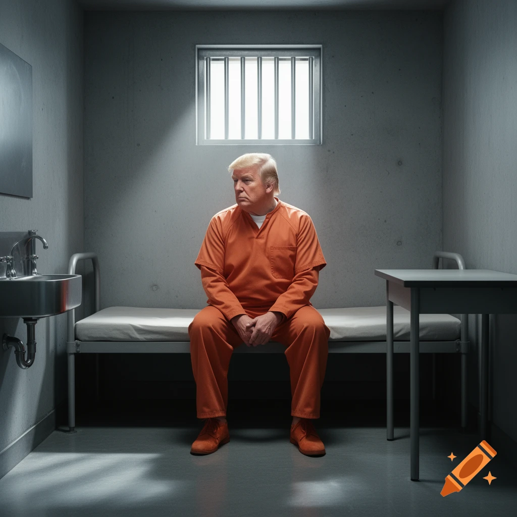 Photorealistic portrait of Donald Trump in an orange jumpsuit, sitting on a bed in a somber jail cell.