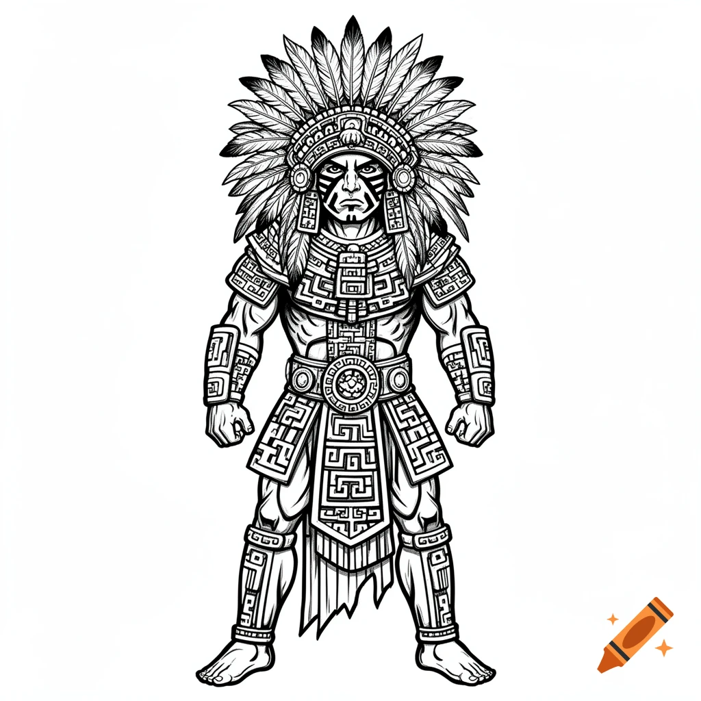 Black and white stencil art of an Aztec warrior in a feathered headdress and detailed patterned armor.