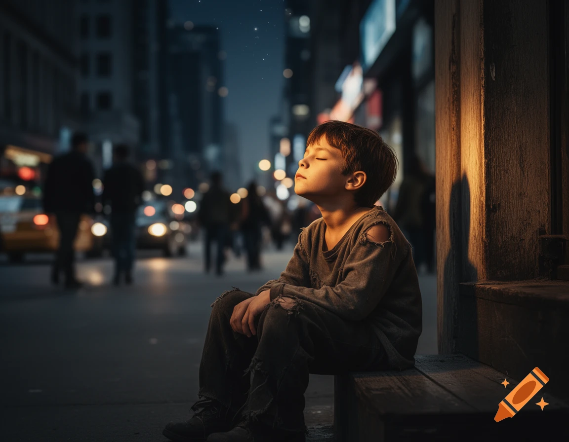 Photorealistic image of a poor boy in ragged clothes sitting on city steps at night, eyes closed, looking up dreamily.