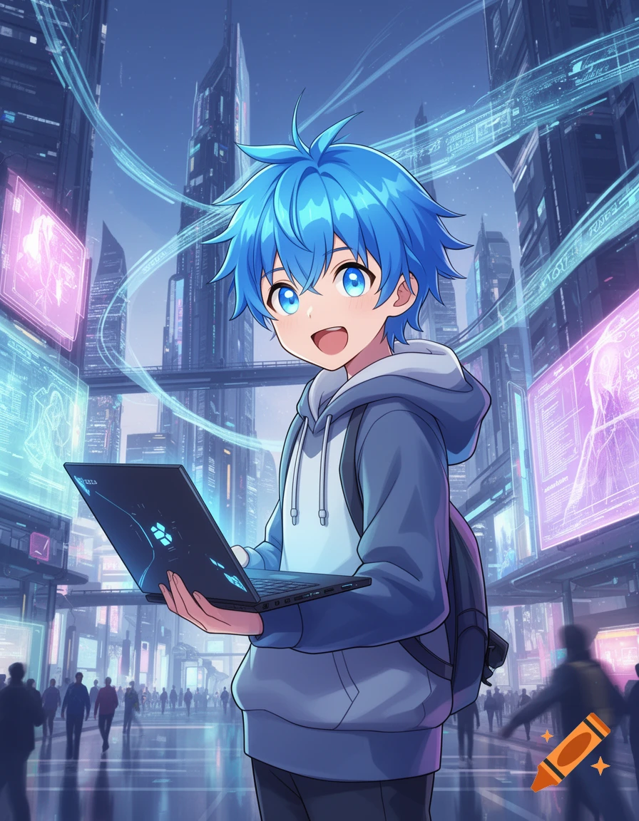 An anime boy with bright blue hair and eyes, wearing a hoodie and backpack, holds a laptop in a futuristic city with glowing holographic displays.