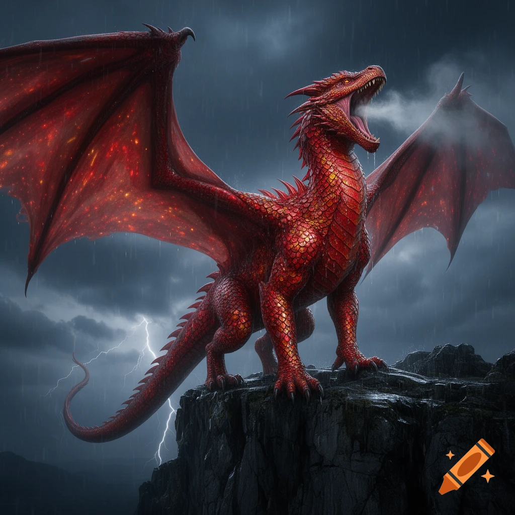 A majestic red dragon with large wings roars atop a dark cliff during a stormy night with rain and lightning.