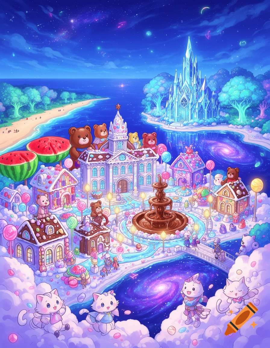 A vibrant anime-style fantasy island made of sweets with a chocolate fountain, candy houses, a crystal palace, and cute feline creatures.
