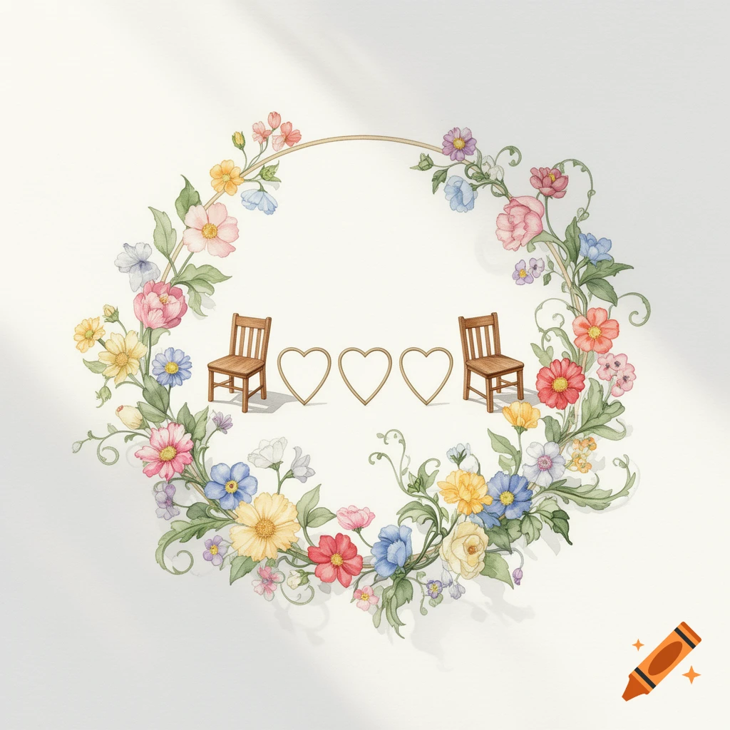 Watercolor illustration of a floral wreath with two wooden chairs and three hearts inside, on a white background.
