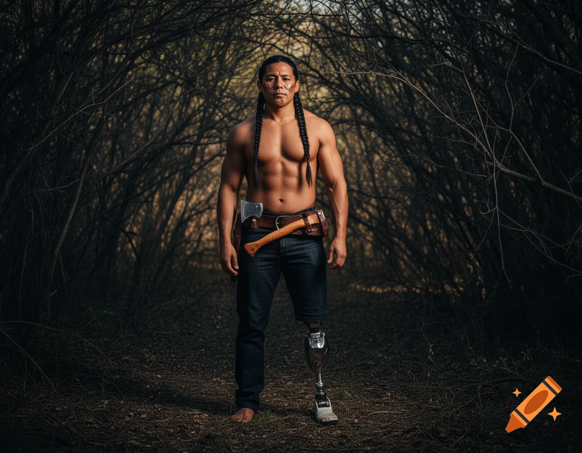 A muscular man with braided hair, facial scars, and a prosthetic left leg stands in a dark forest, holding an axe.