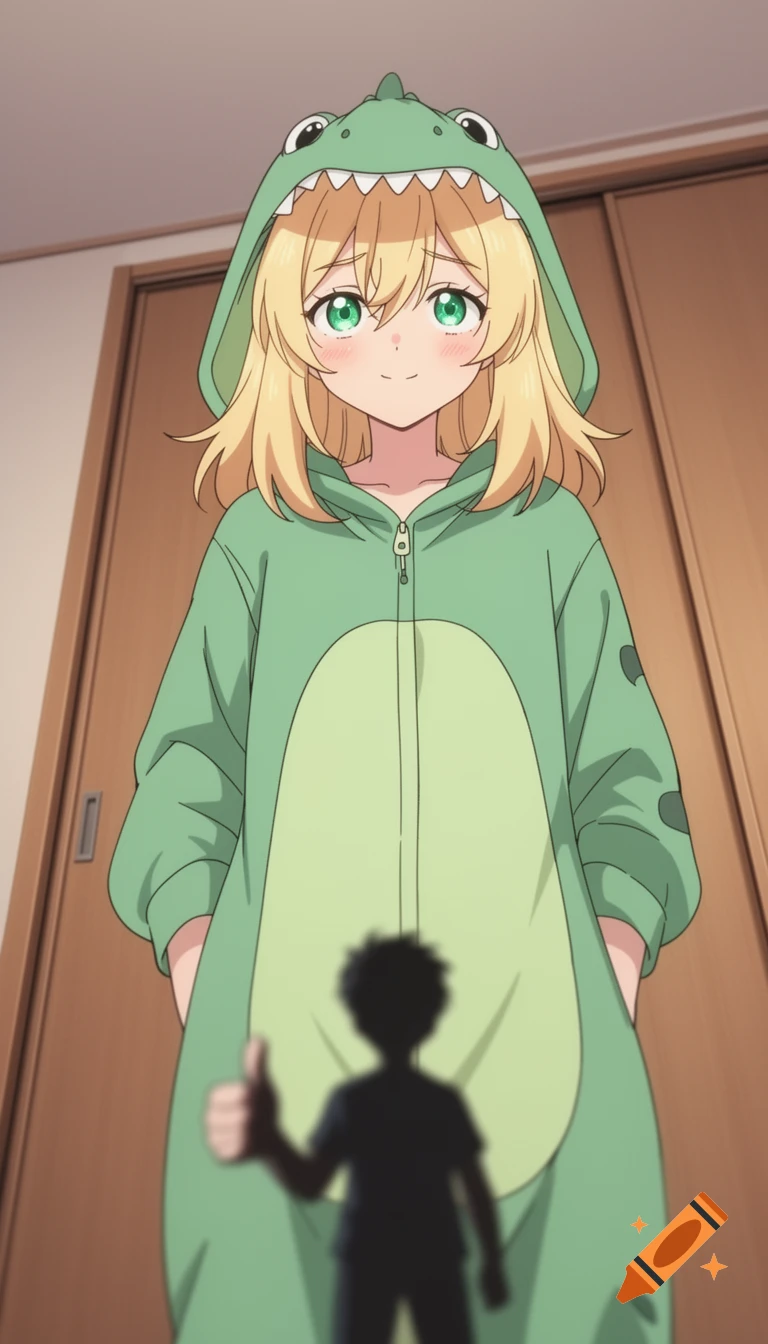A shy anime woman in a green dinosaur costume looks down at a blurred silhouette of a tiny man giving a thumbs up.