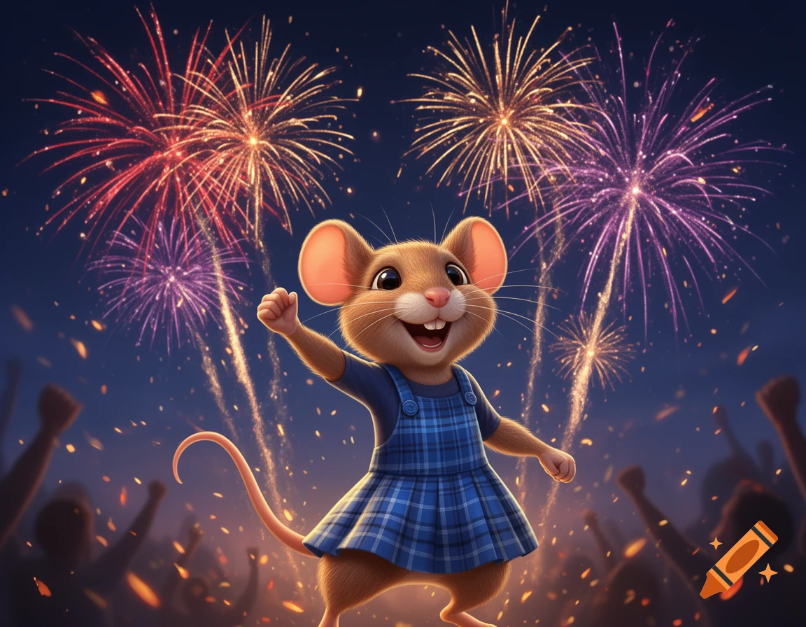 A cute anthropomorphic mouse in a blue plaid dress cheers with its hand raised, surrounded by a crowd as colorful fireworks explode in the night sky.