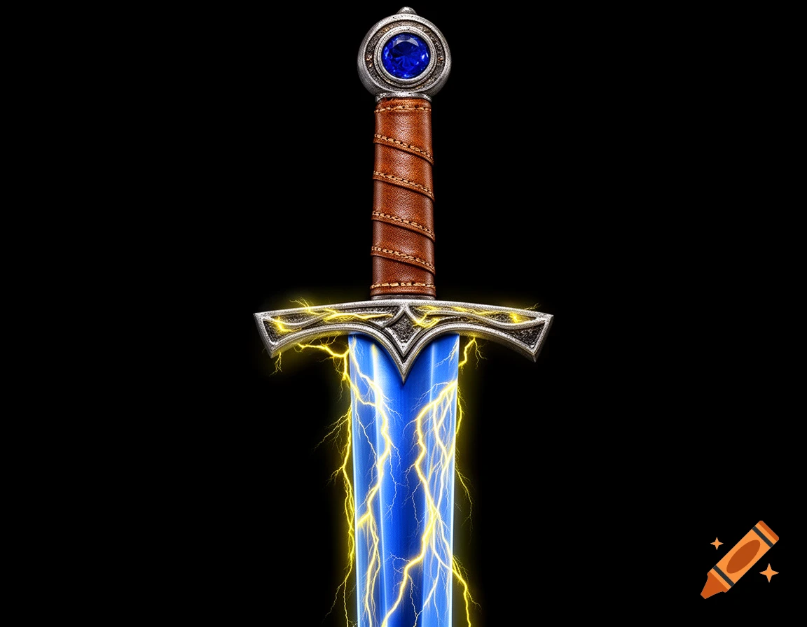 Close-up of a fantasy sword with a brown leather handle, silver hilt, blue sapphire pommel, and glowing blue blade crackling with yellow lightning.
