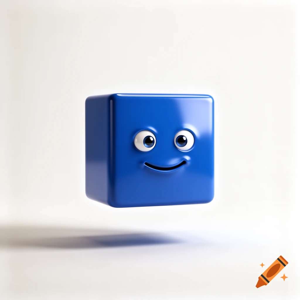 A friendly, smiling blue 3D cube with large eyes floats against a plain white background.