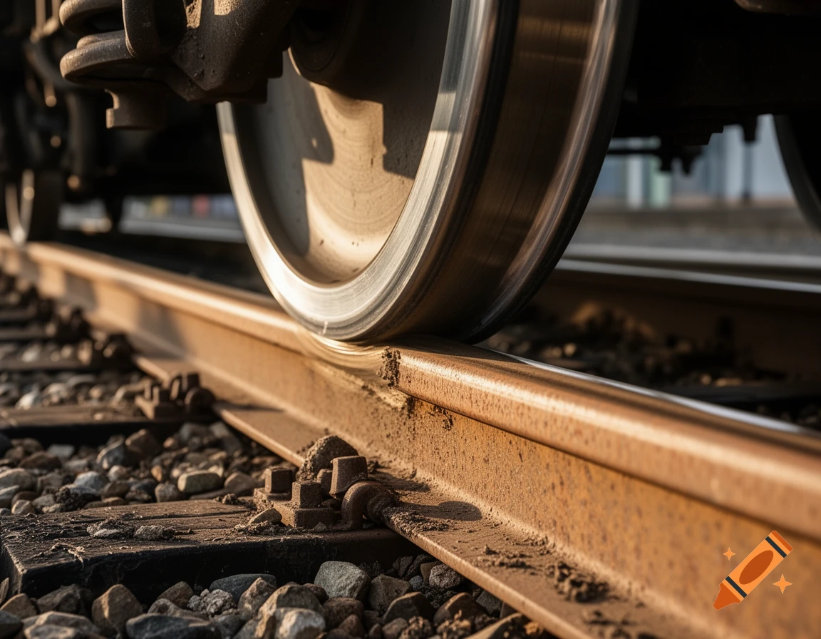 A close-up, low-angle, photorealistic shot of a train wheel resting on a rusty railway track, with gravel visible.