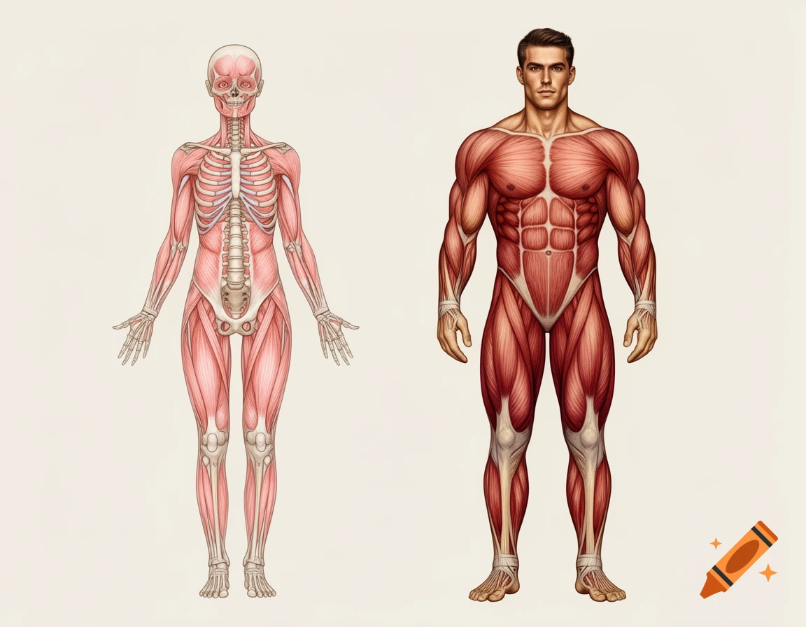 Two full-body anatomical illustrations: a skeletal figure with some muscles and a muscular male figure on a light background.