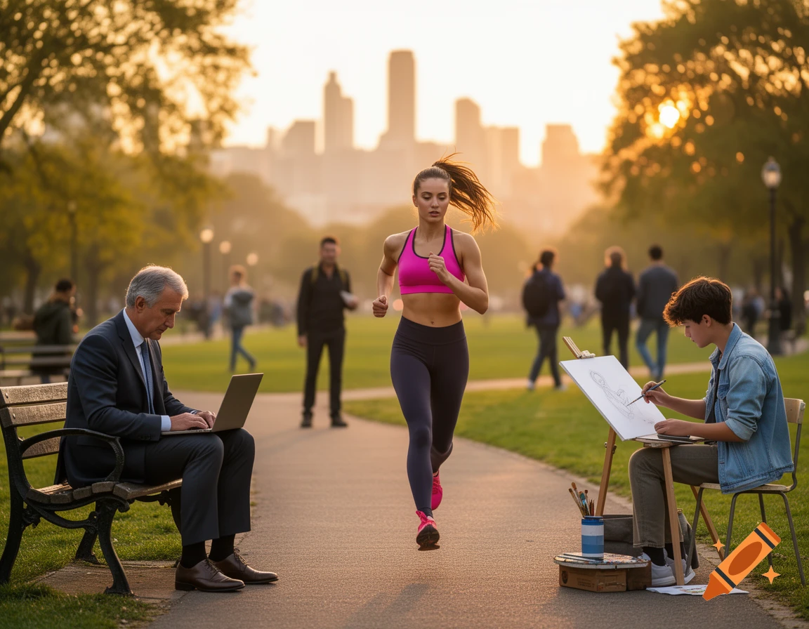 A man works on a laptop, a woman jogs, and a boy sketches in a sunlit city park.