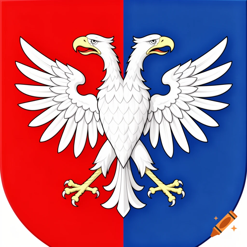 A heraldic shield split red and blue, featuring a white double-headed eagle with pastel yellow beaks and claws.