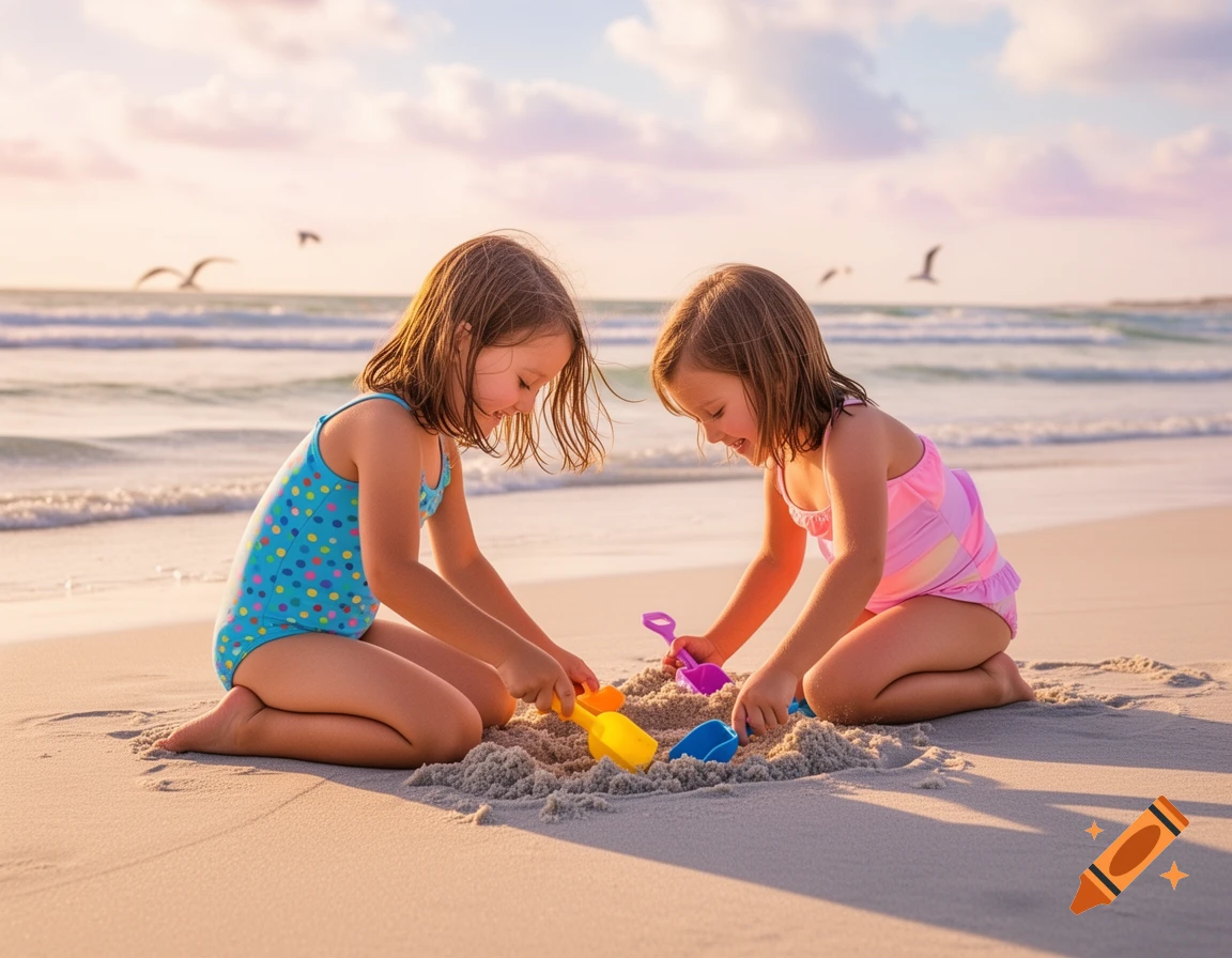 Two young girls in swimsuits kneel in the sand, playing with toys on a sunny beach at sunset.