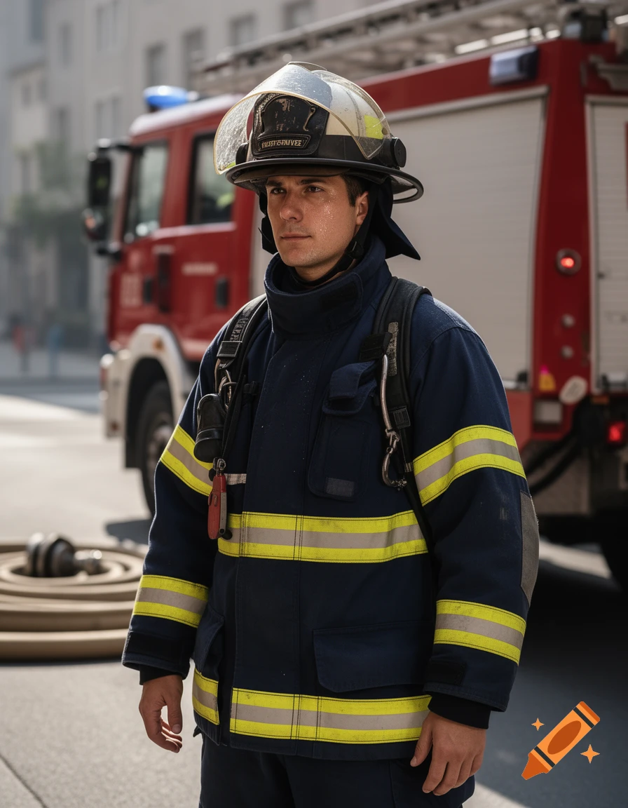 A photorealistic image of a male firefighter in a navy uniform with yellow stripes, standing in front of a red fire truck.