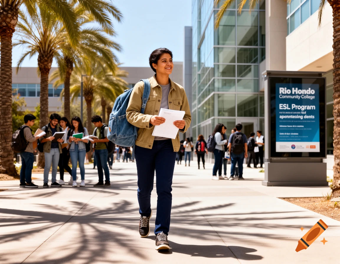 A young student with a backpack walks on a college campus, holding papers. Palm trees and a building are in the background. Photorealistic style.
