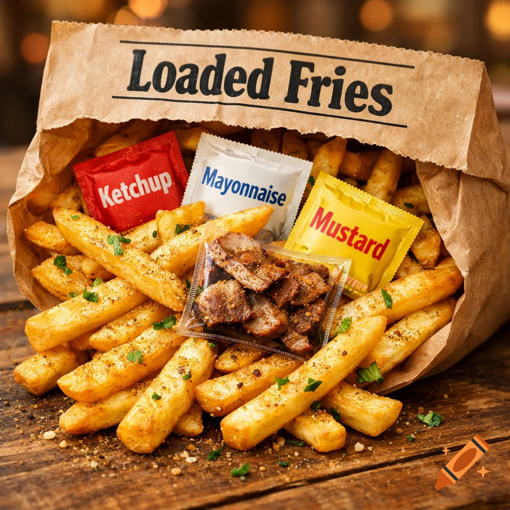 A close-up of a brown paper bag overflowing with loaded fries, condiment packets, and a small packet of meat, on a wooden table.