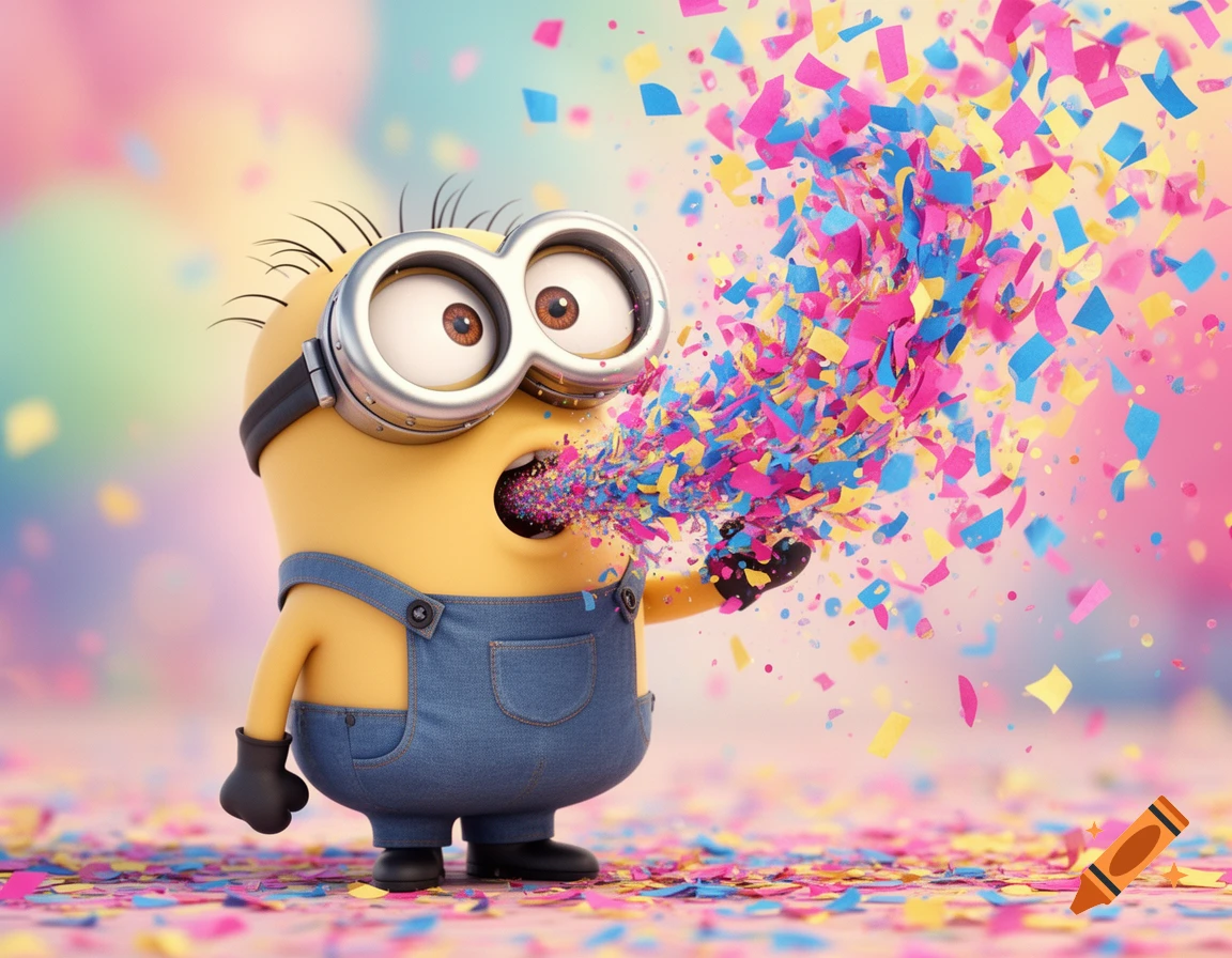 A Minion in overalls and goggles burps a large stream of colorful confetti, with more confetti on the ground.