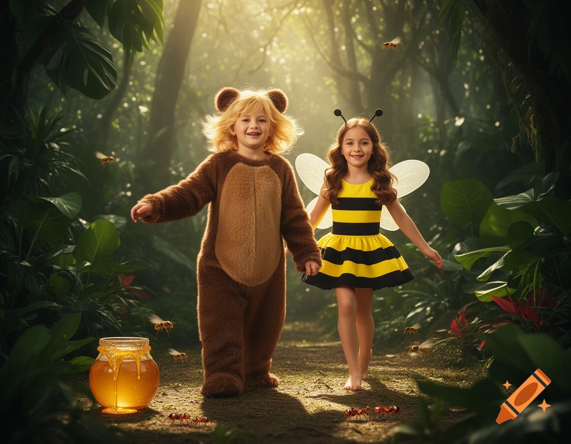 Smiling blonde child in a bear costume and brunette child in a bee costume walk a sunny forest path with a honey pot and insects.