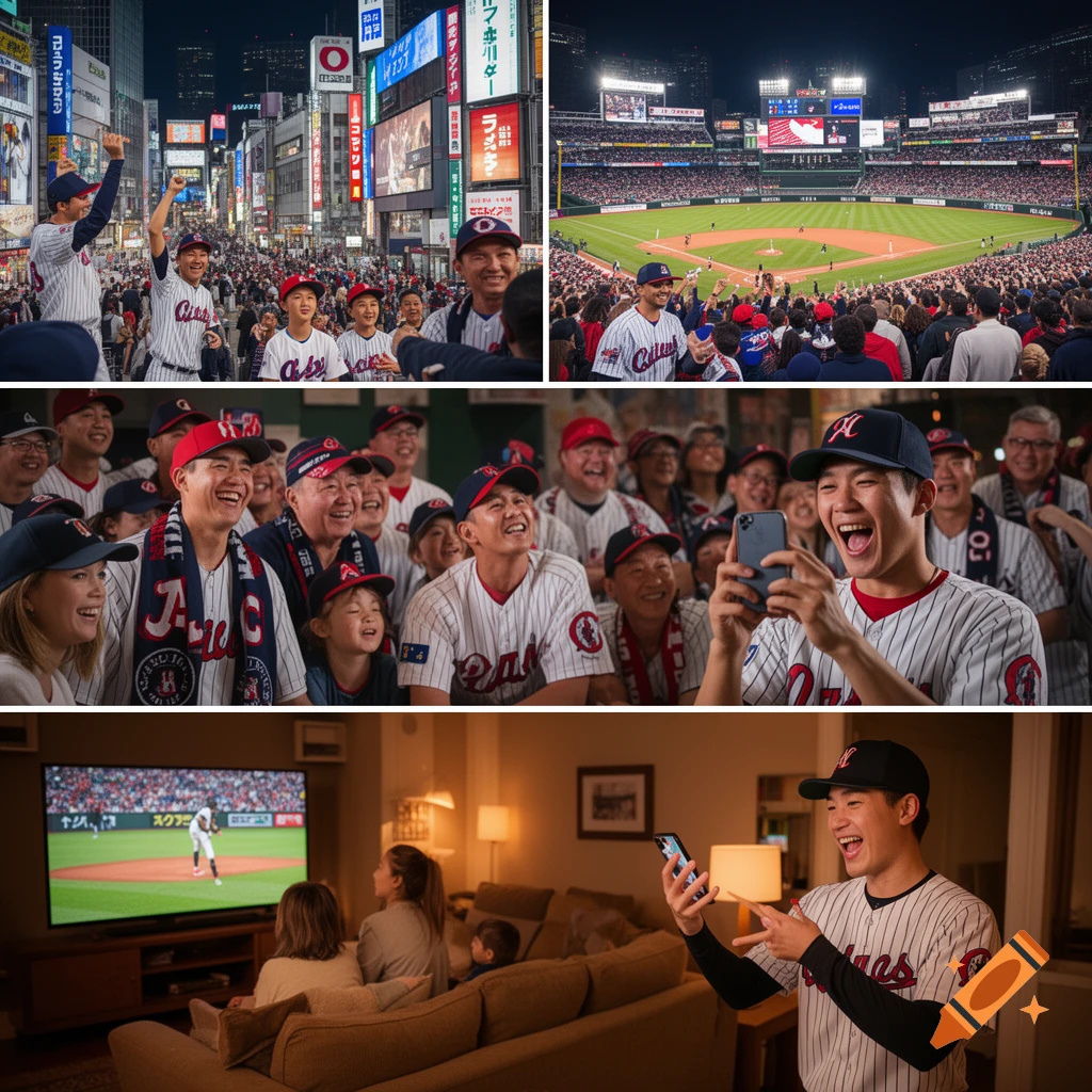 A collage of scenes showing diverse people enjoying baseball: cheering in a bustling city street, watching a game at a stadium, and a family watching on TV at home. A man in a baseball jersey takes a selfie, others wear team gear.