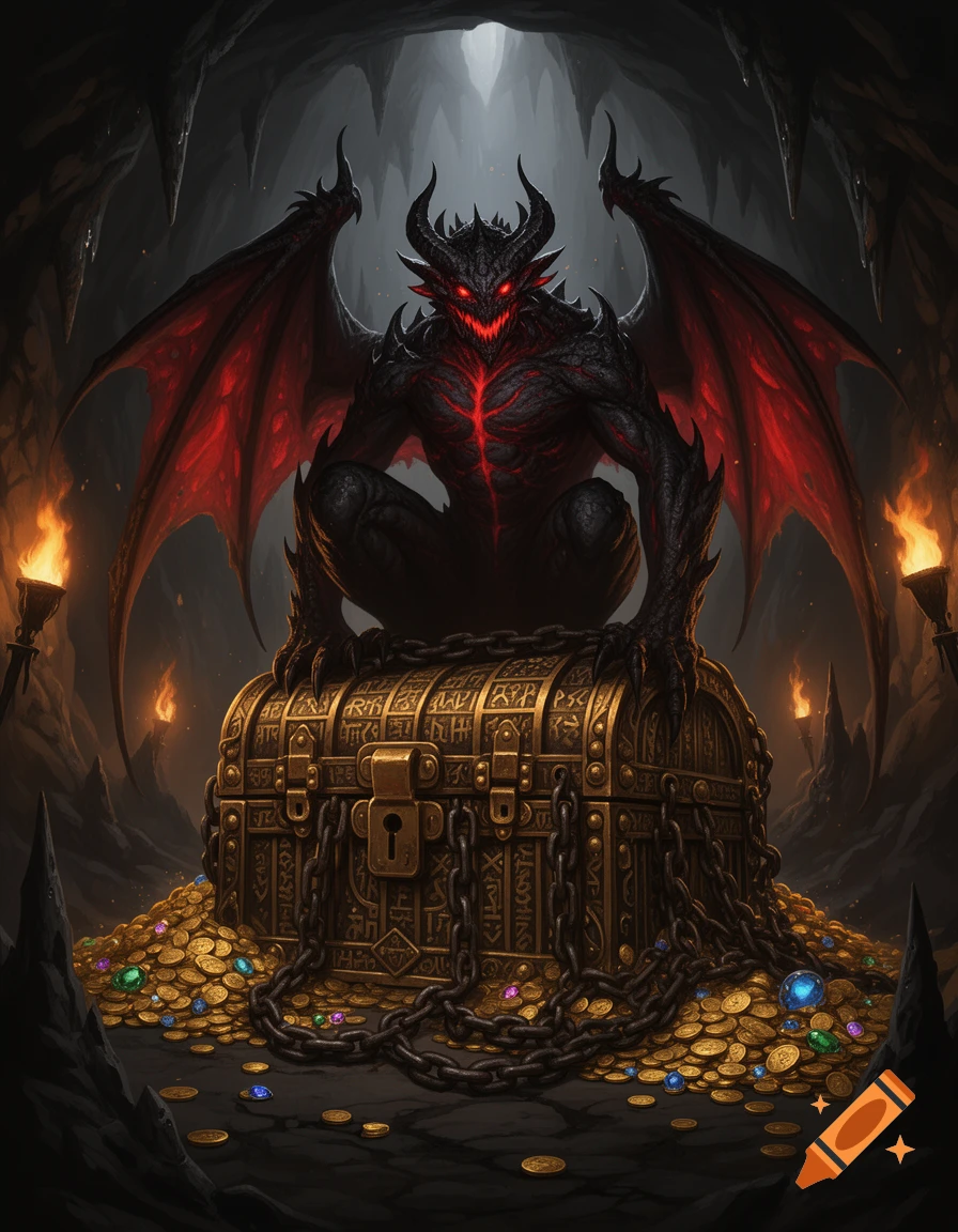 A dark demon with glowing red eyes and wings sits on a chained golden treasure chest filled with coins and jewels in a shadowy cave.