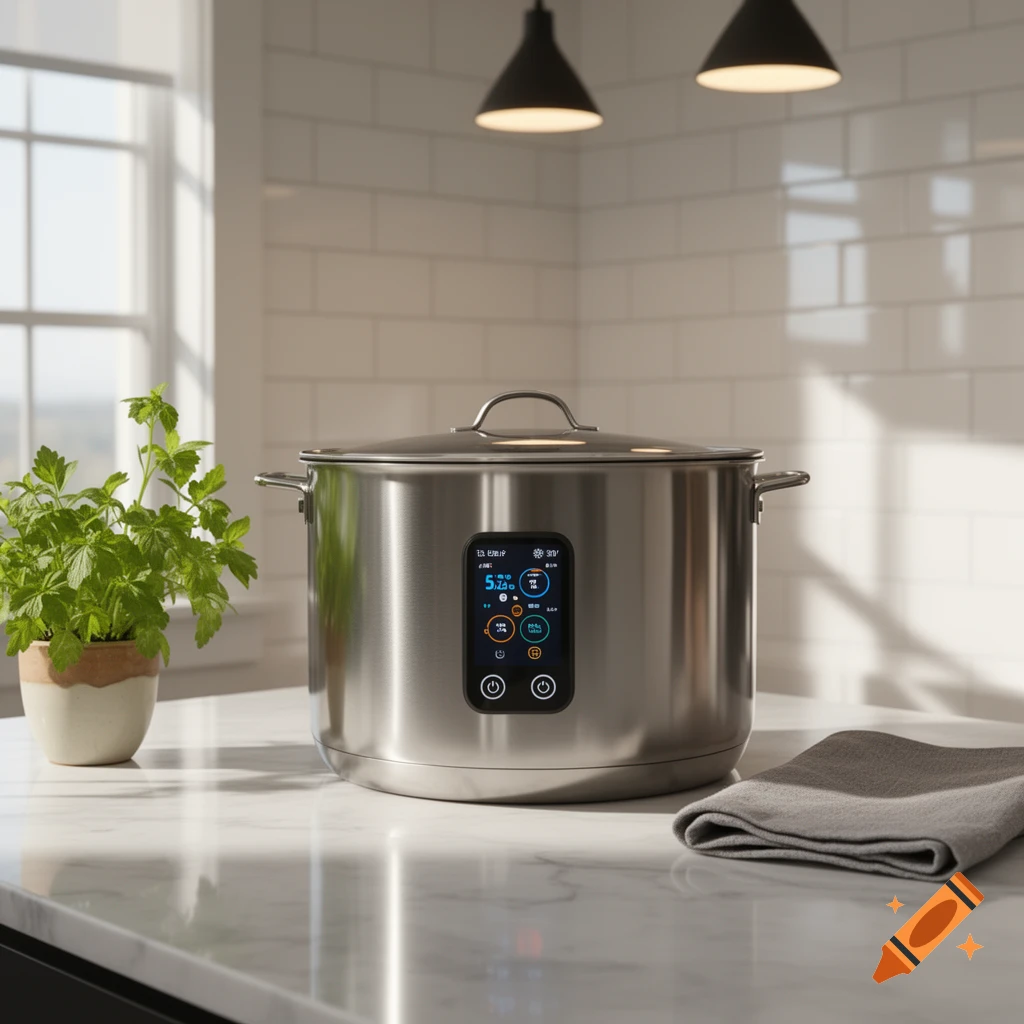 A shiny stainless steel smart pot with a digital display sits on a white marble kitchen counter next to a potted plant and a folded grey towel.