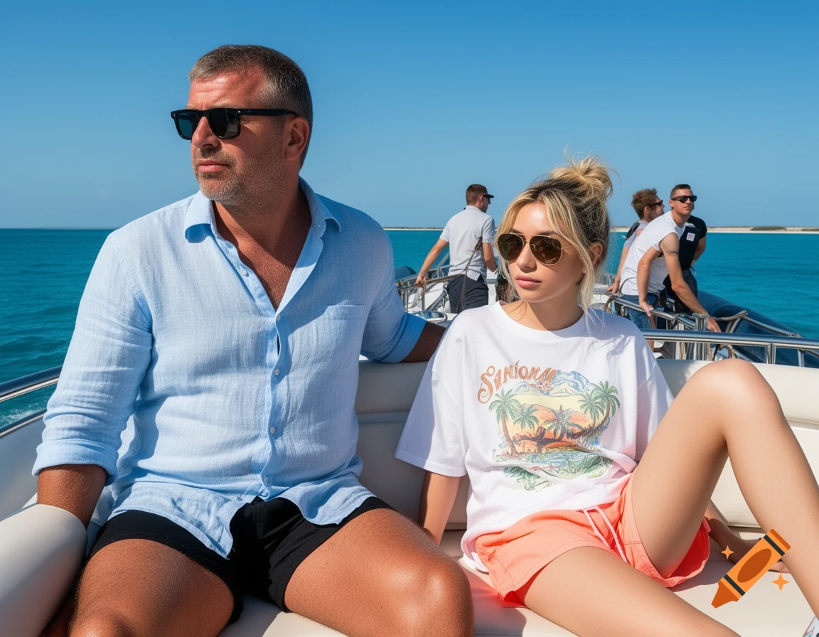 A man and a woman in sunglasses lounge on a luxury boat under a clear blue sky, with other people in the background.