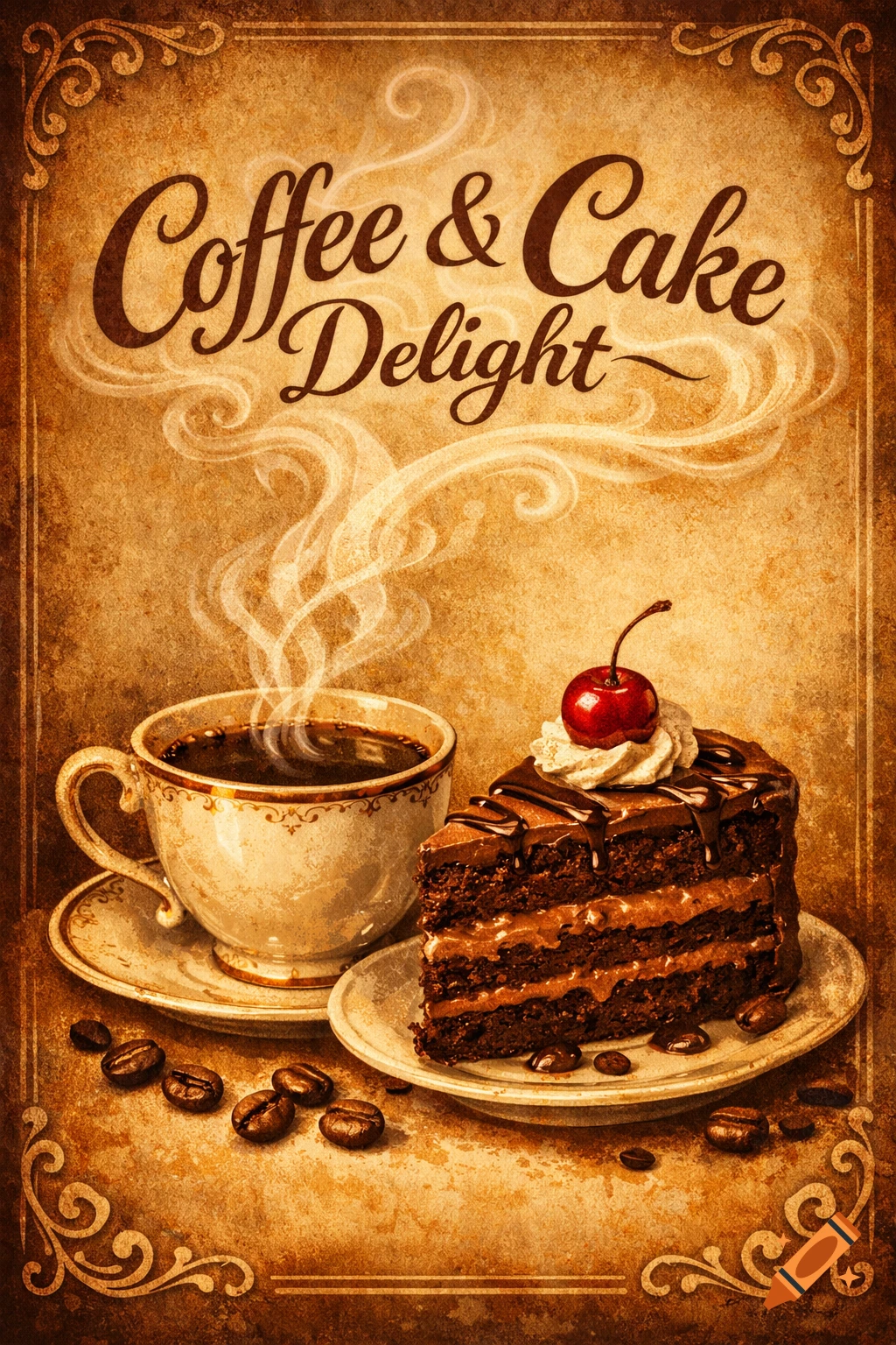 A vintage style cafe poster featuring a steaming cup of coffee and a slice of chocolate cake with a cherry on top with text 'Coffee & Cake Delight'.