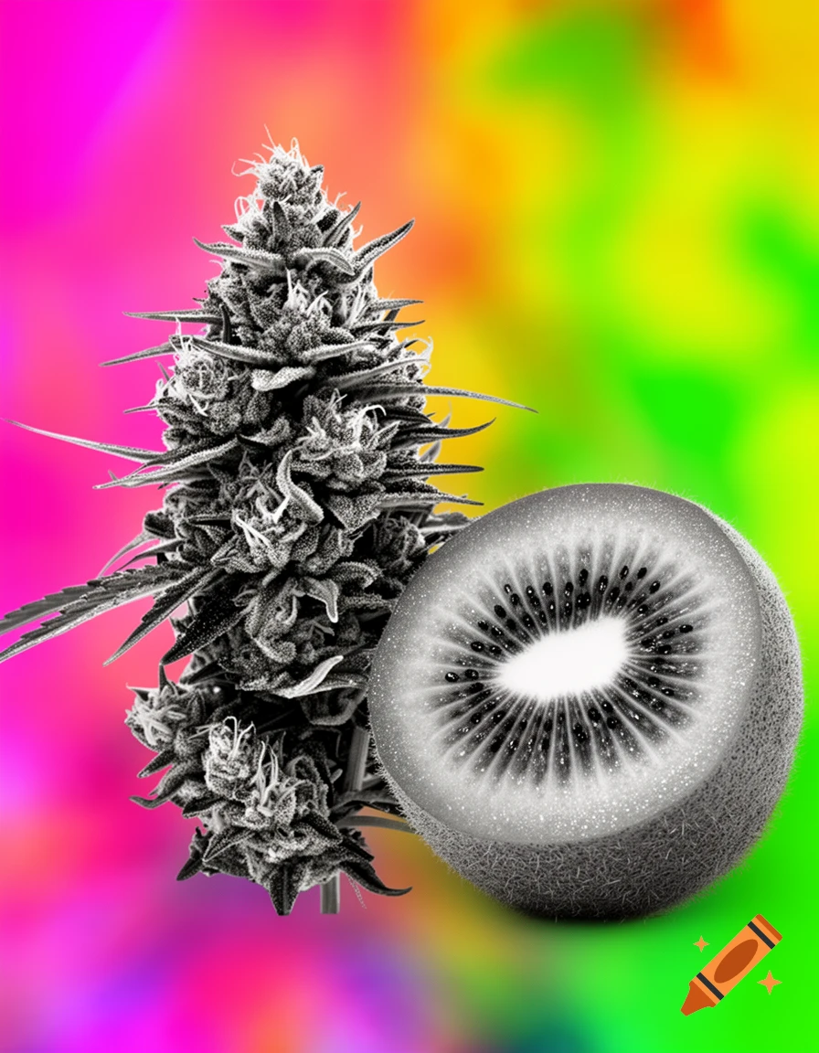 Black and white cannabis bud and halved kiwi fruit against a vibrant, colorful gradient background.