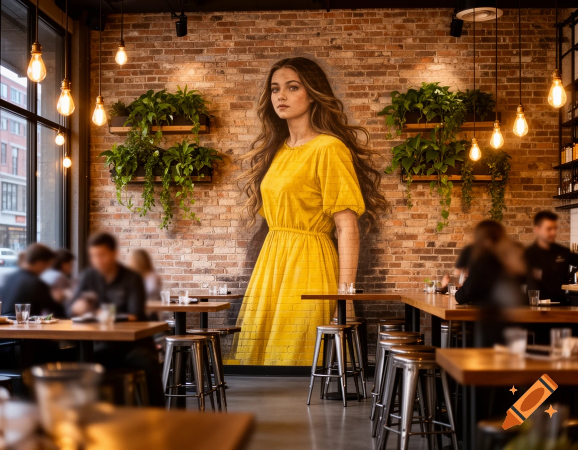 A woman in a yellow dress is depicted as a large mural or artwork on a brick wall inside a stylish restaurant with hanging lights and plants.