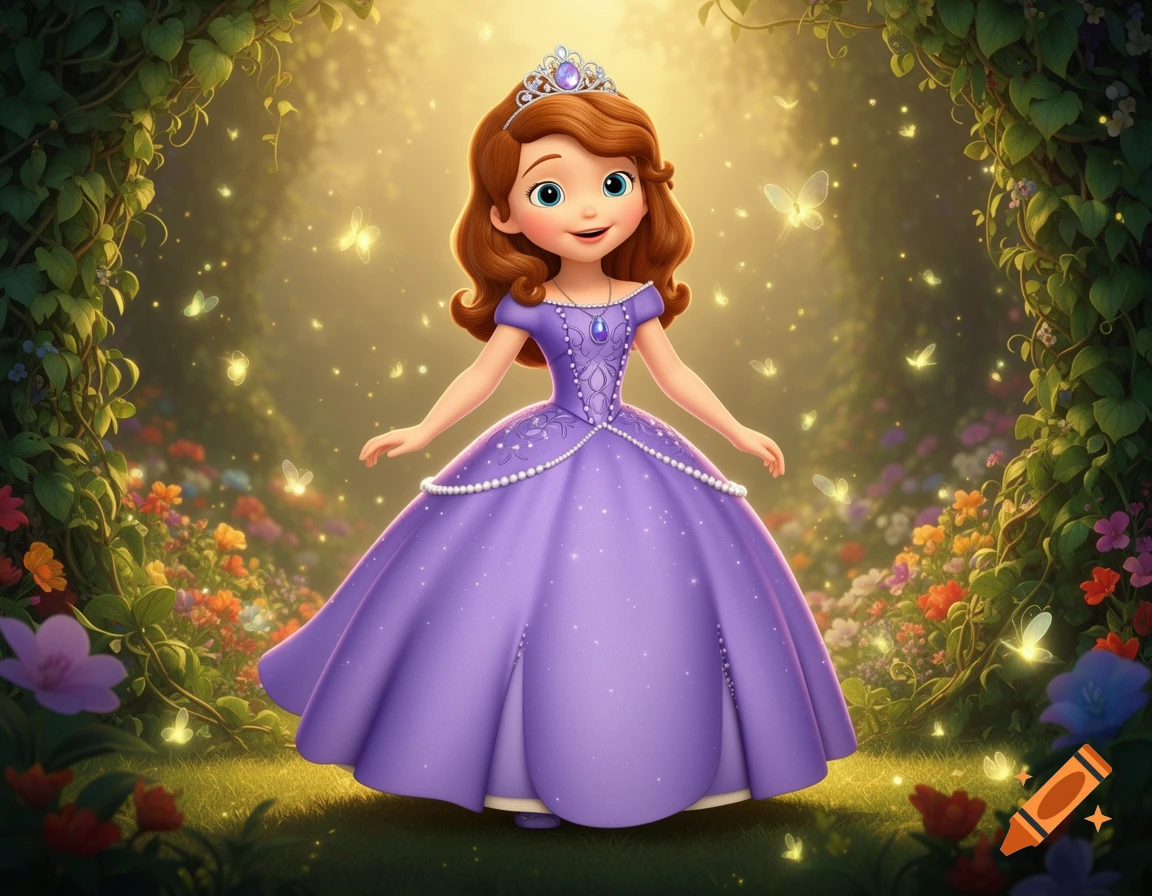 Animated princess Sofia the First stands in an enchanted garden with glowing butterflies.