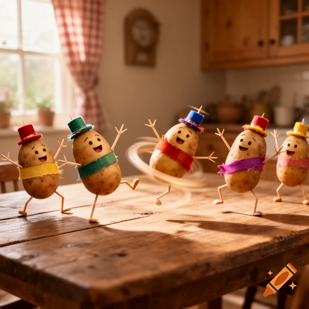 Anthropomorphic potatoes wearing colorful hats and sashes dance joyfully on a rustic wooden kitchen table, one spinning with motion blur.