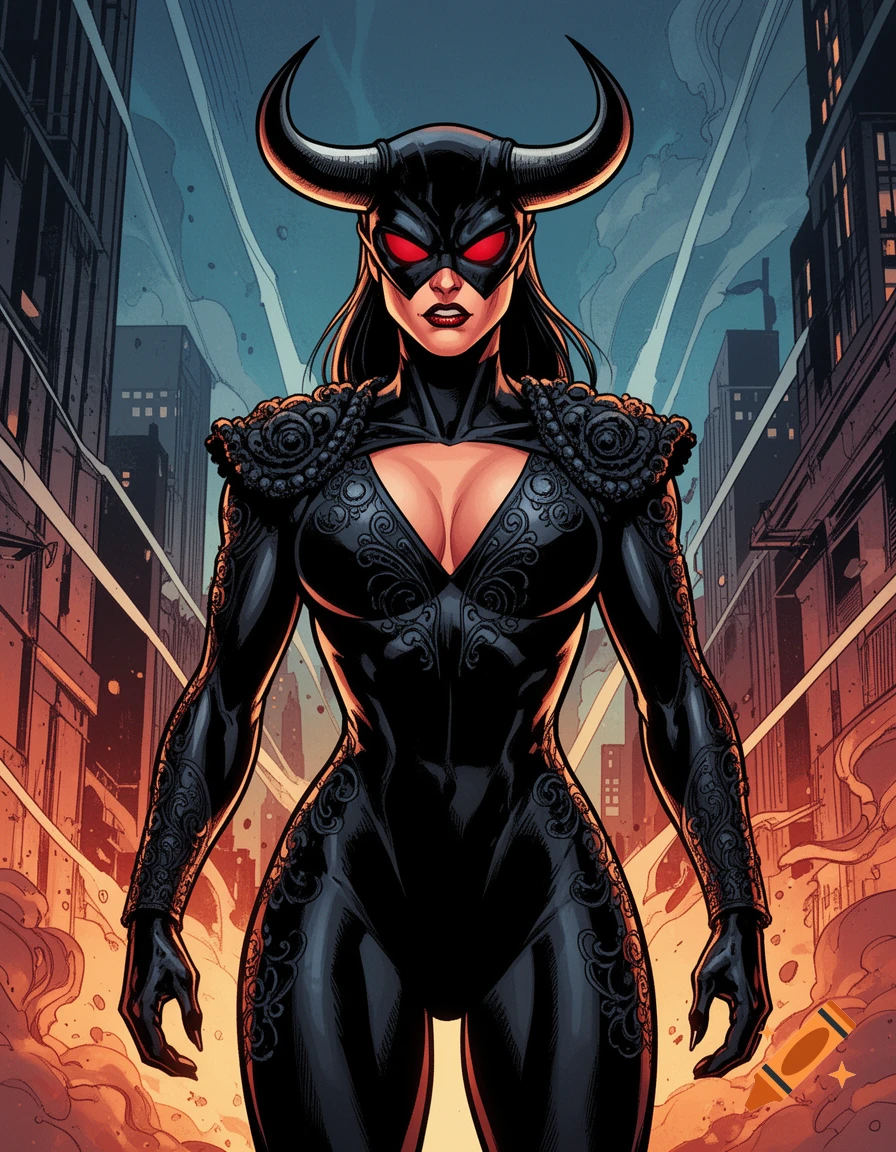 A female supervillain with bull horns and glowing red eyes stands in a black ornate bodysuit amidst a city backdrop.