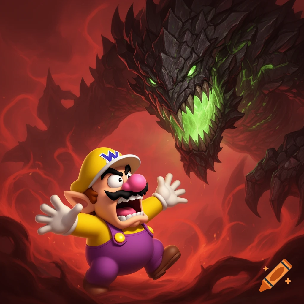 Wario screams in terror, hands raised, at a large, dark, green-mouthed monster in a fiery red landscape, video game style.