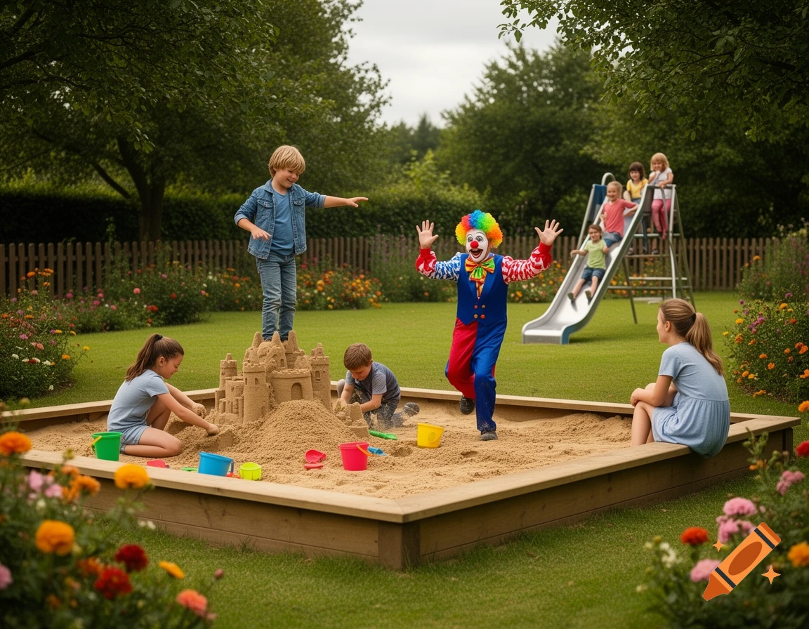 Children play in a large sandbox with a clown; others are on a slide in a lush garden, photorealistic style.