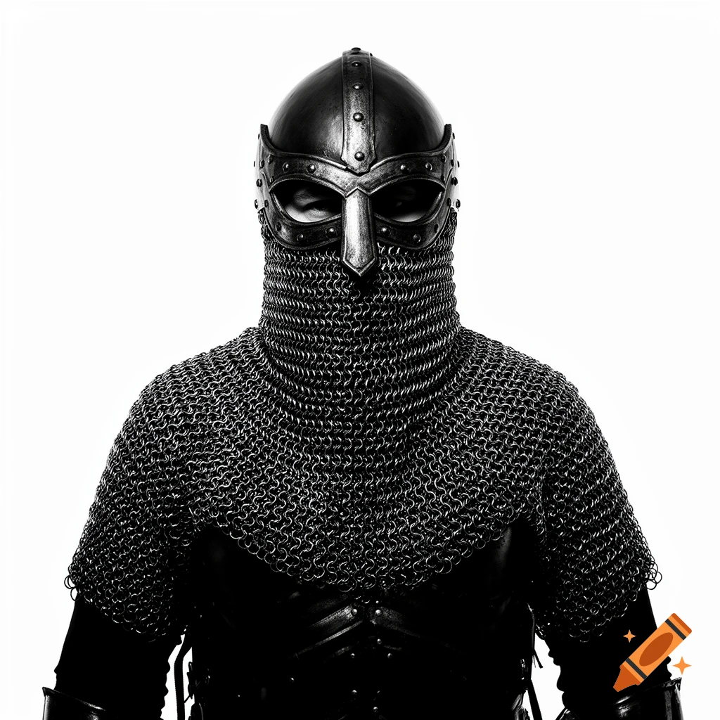 Close-up black and white studio portrait of a person wearing a Viking spectacle helmet and chainmail coif against a white background.