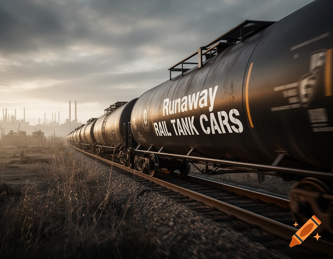 A long train of black tank cars with 'Runaway RAIL TANK CARS' text on the side, moving through an industrial landscape under a cloudy sky.