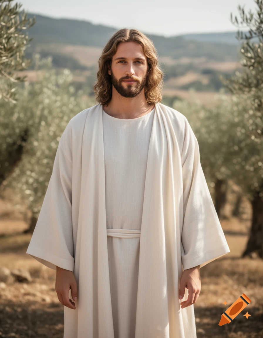 Photorealistic depiction of Jesus with long brown hair and beard, wearing white robes, standing in an olive grove.
