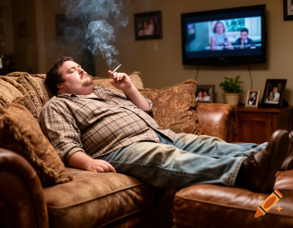 A man lies on a brown couch, smoking a cigarette, with a television playing in the blurred background. The scene is dimly lit and photorealistic.