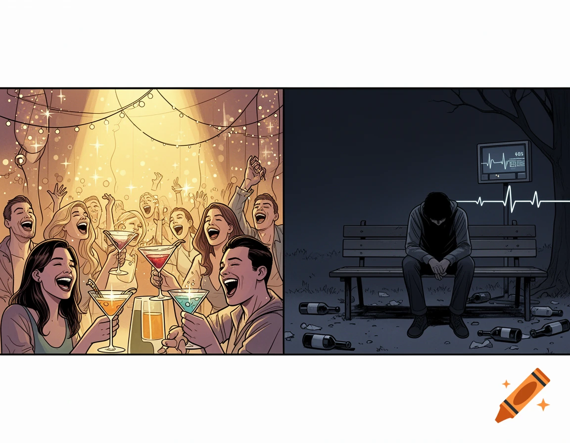 Split image: lively party with laughing people and cocktails on left; lonely figure on a bench with bottles, heart monitor on right. Comic style.