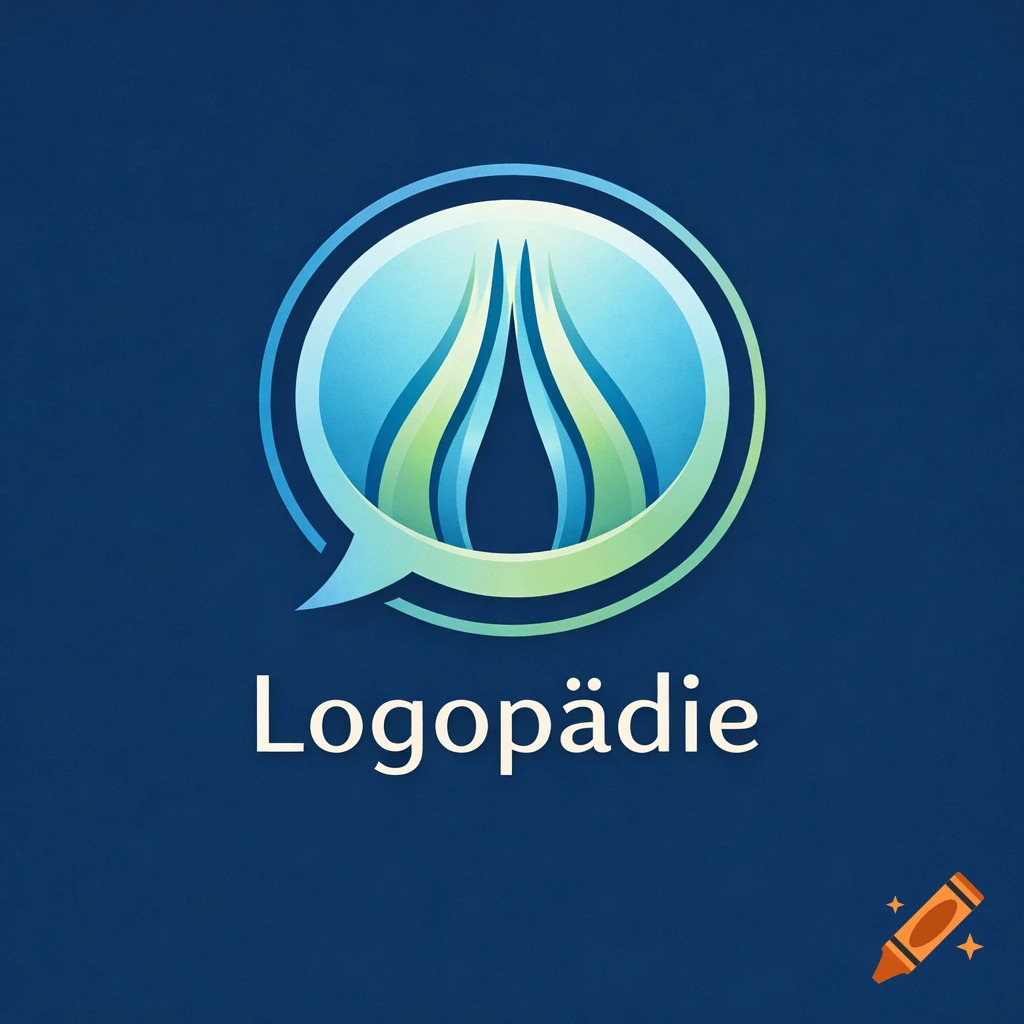 A blue and green abstract logo resembling a flame within a speech bubble, with 'Logopädie' written below on a dark blue background.