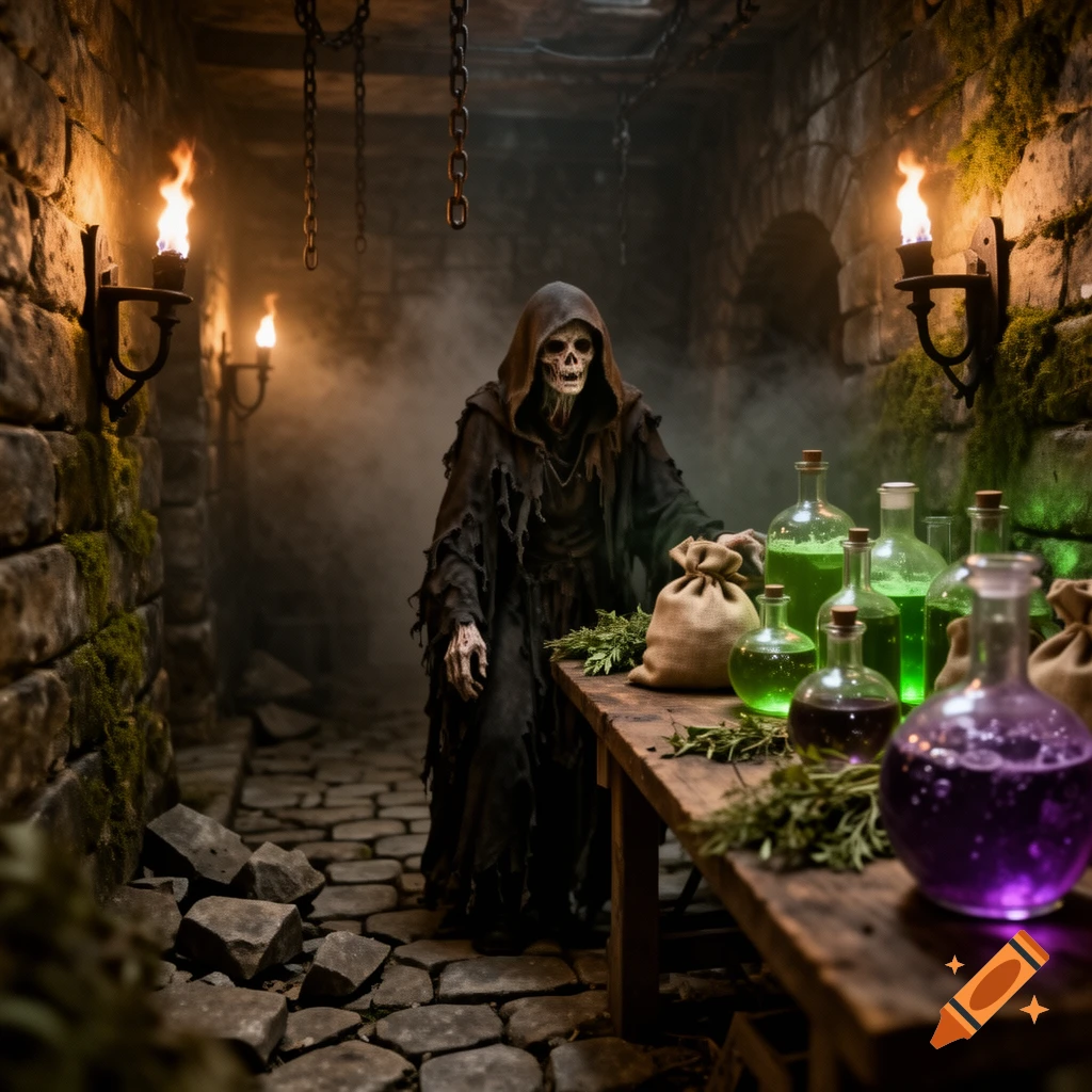 A skeletal, hooded potion dealer stands behind a wooden table filled with glowing green and purple potions in a dark dungeon.