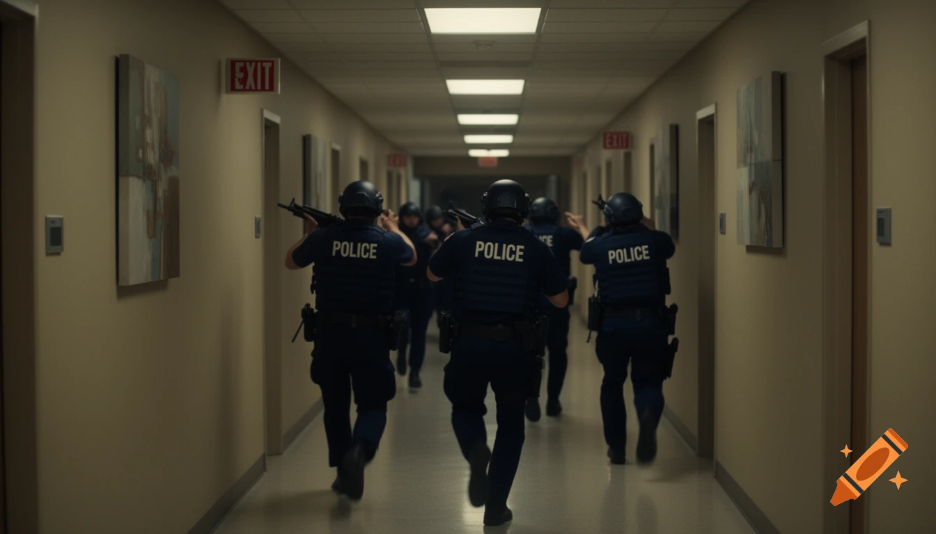 Rear view of multiple police officers in tactical gear running down a dimly lit hallway with rifles.