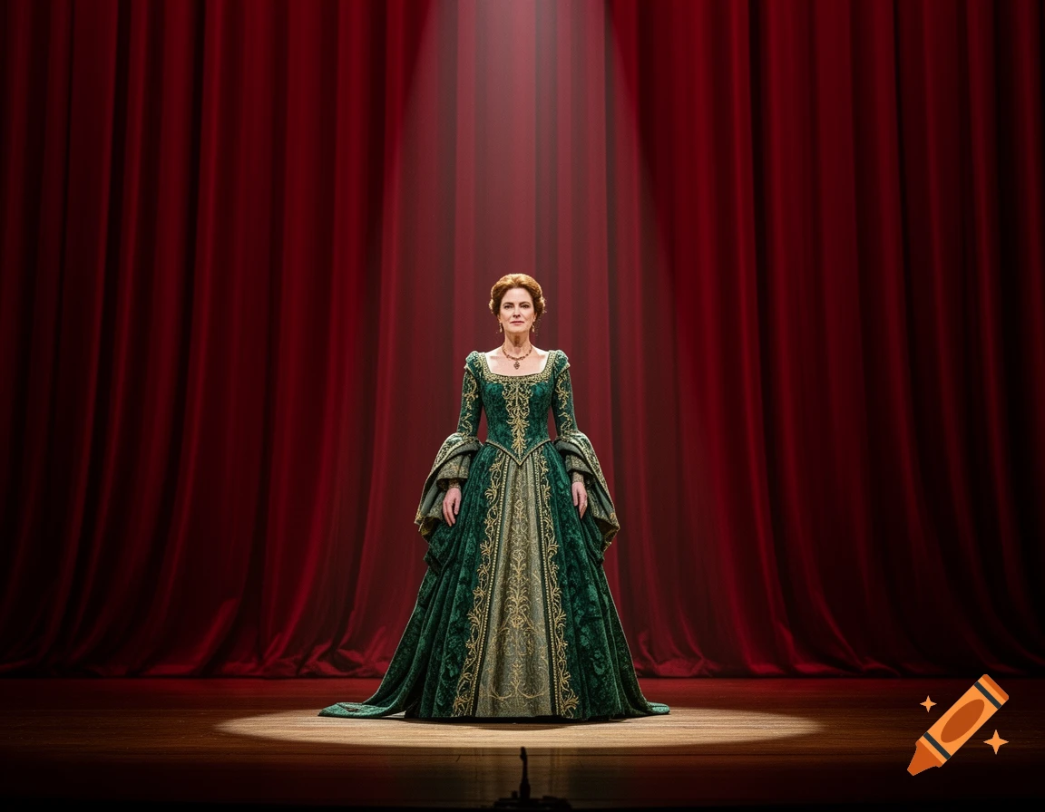 A woman in a green medieval gown stands under a spotlight on a theatre stage with red curtains. Photorealistic.