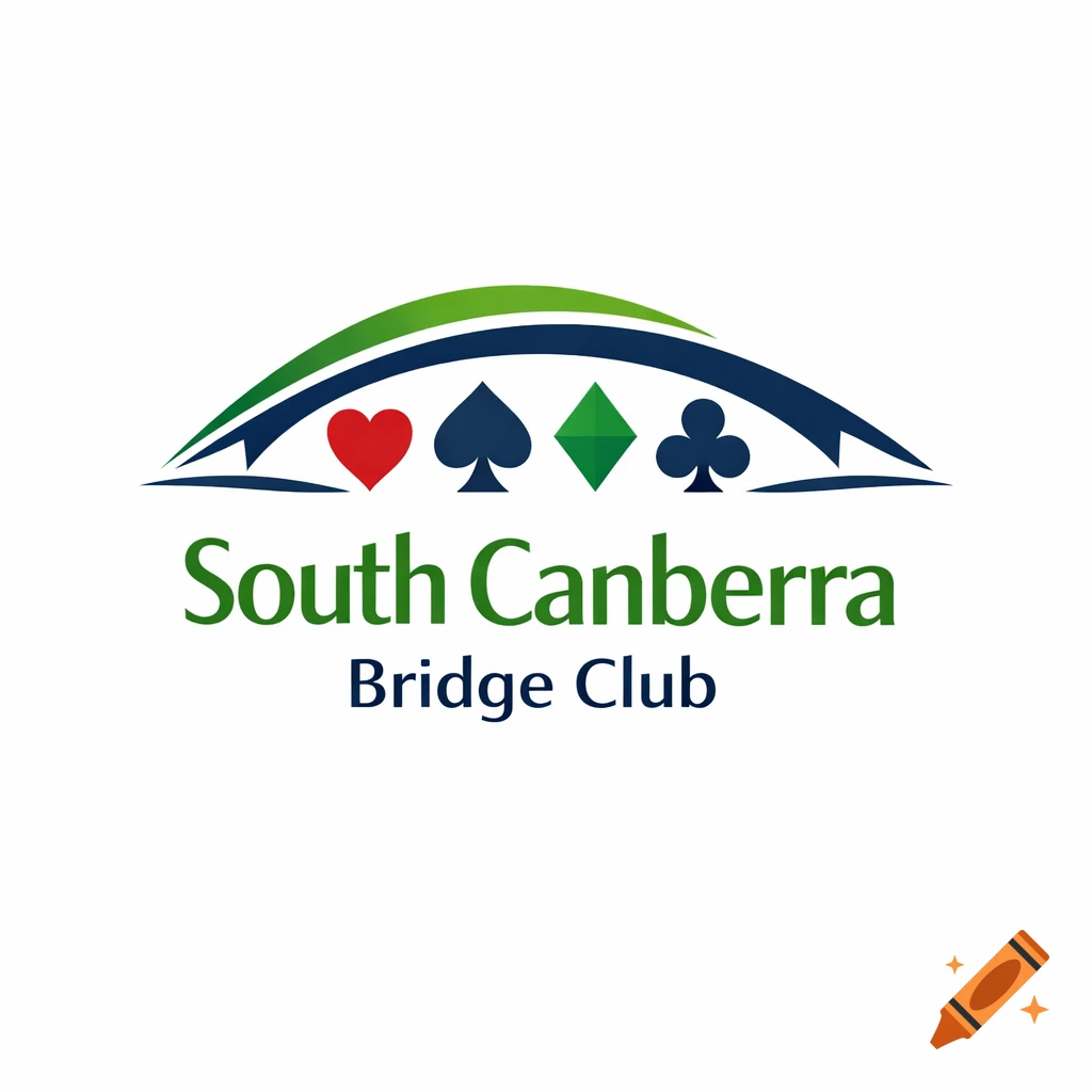 A logo featuring an arched green and blue bridge over red heart, black spade, green diamond, and black club playing card suits. Below reads "South Canberra" in green and "Bridge Club" in blue.