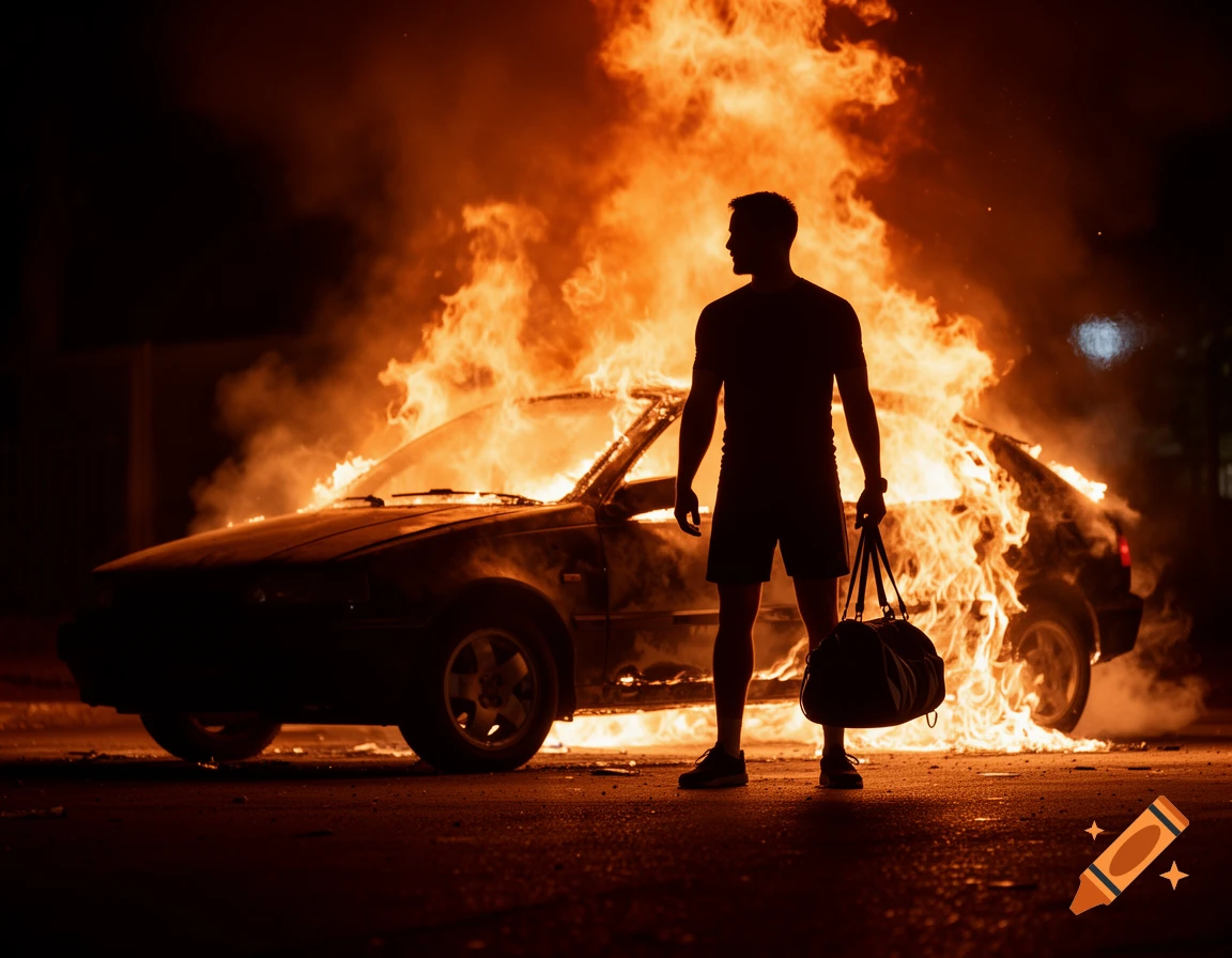A photorealistic image of a man in silhouette holding a sports bag, standing in front of a car engulfed in flames at night.