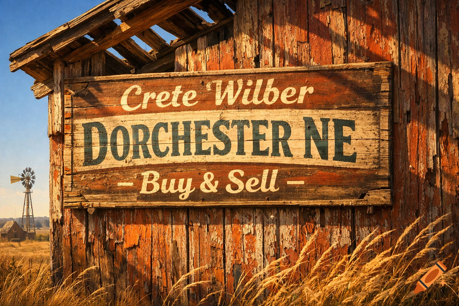 A weathered wooden sign on a rustic building in a sunlit field reads "Crete Wilber DORCHESTER NE - Buy & Sell," with a windmill.