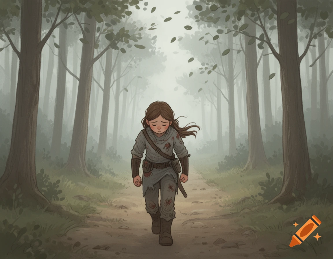 A stylized storybook illustration of a sad, tired girl walking slowly down a dirt path in a misty forest with tall trees and falling leaves.